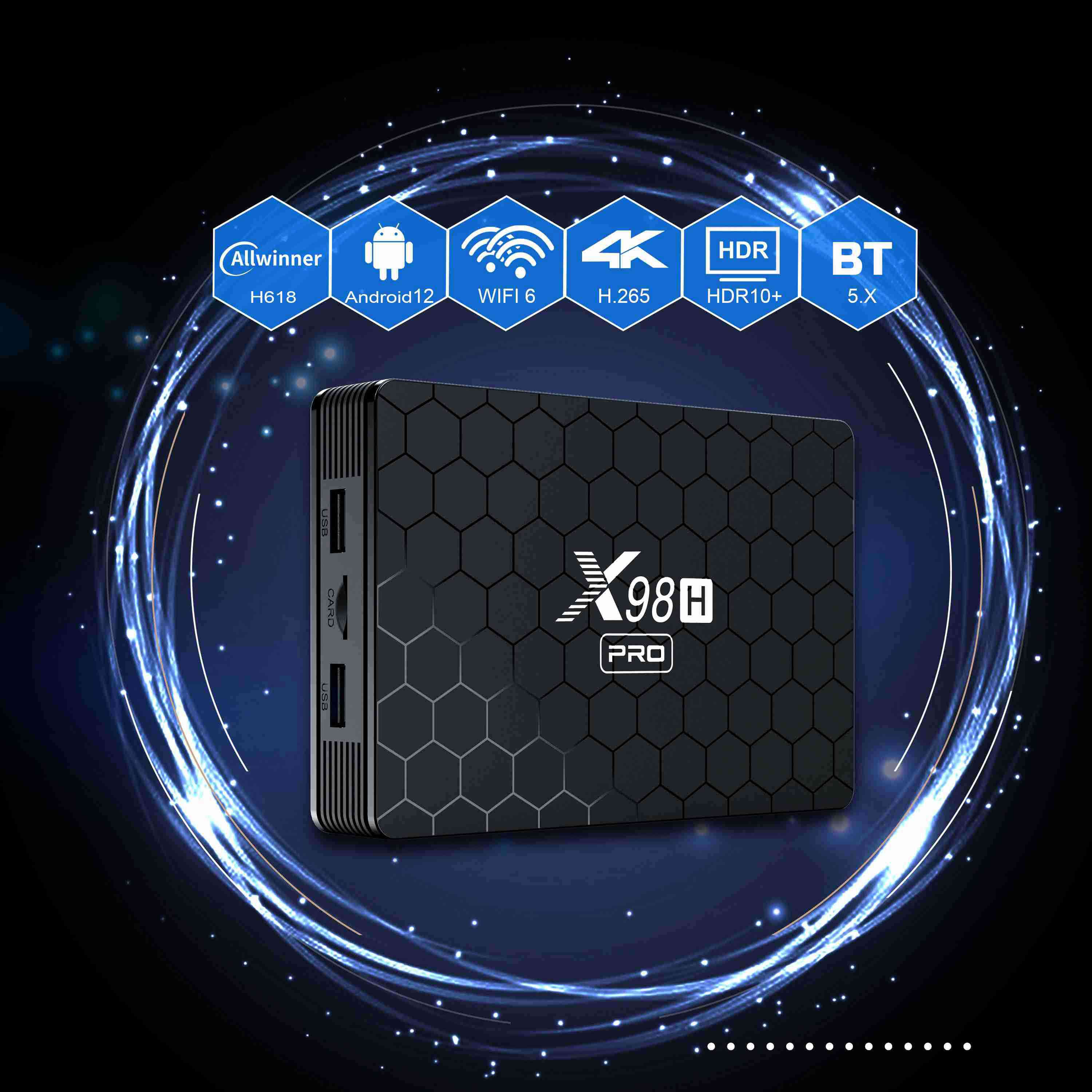 X98H Pro 2.4G 5.8G Dual Band WiFi6 Android 12 Smart TV Box Allwinner H618 1000M Ethernet Quad Core 6K Video Output Media Player (4G 64G) X98H Pro 2.4G 5.8G Dual Band WiFi6 Android 12 Smart TV Box Allwinner H618 1000M Ethernet Quad Core 6K Video Output Media Player (4G 64G)
